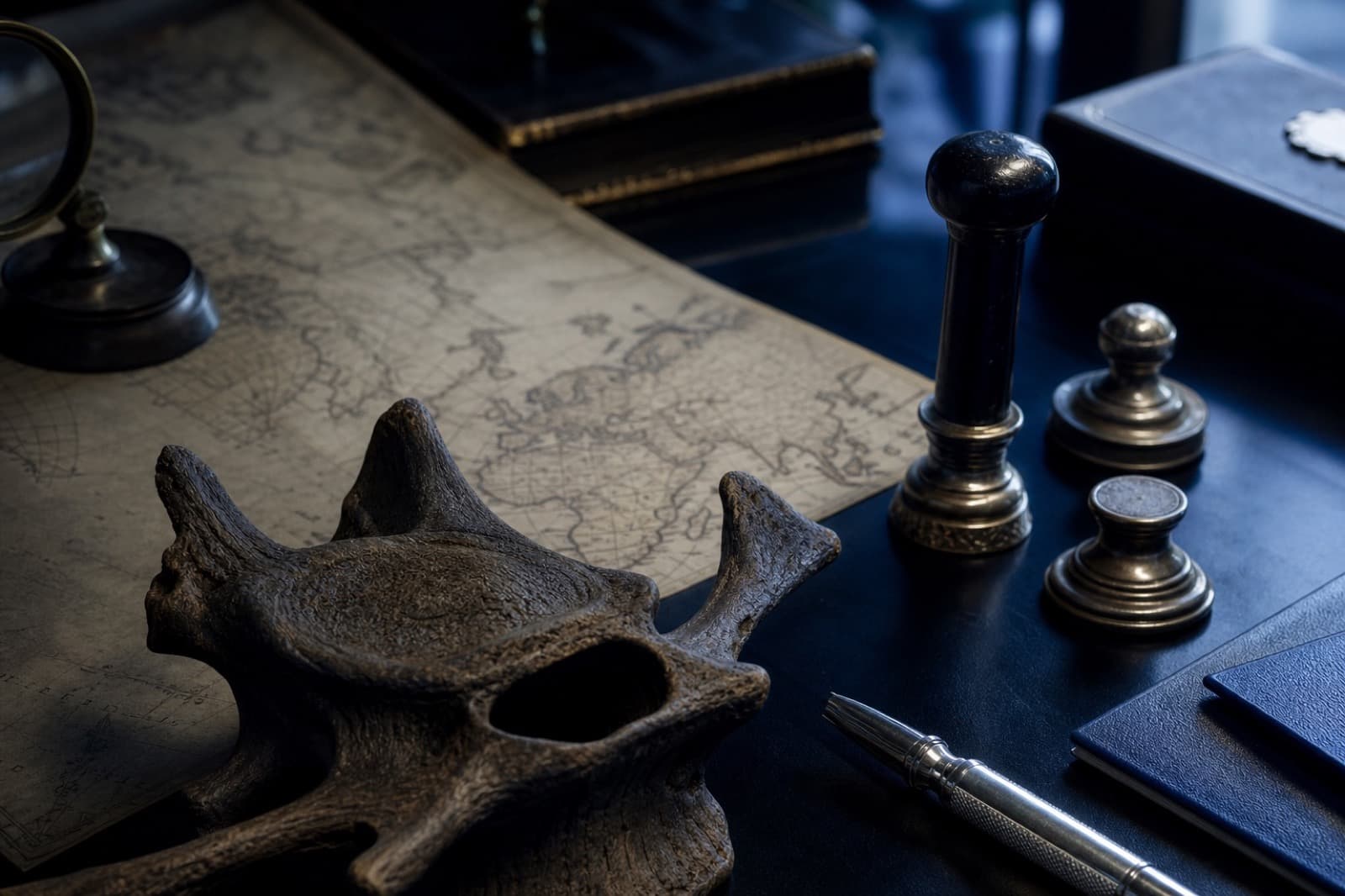 Map, seals, and fossil vertebra on a dark provenance desk
