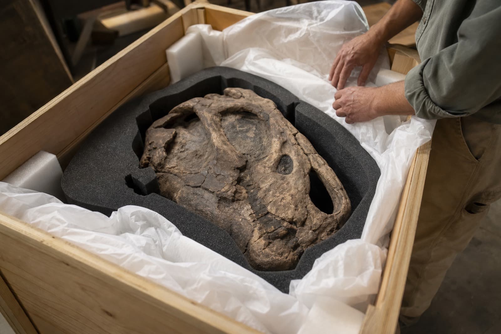 Sample fossil packed in protective foam for shipping