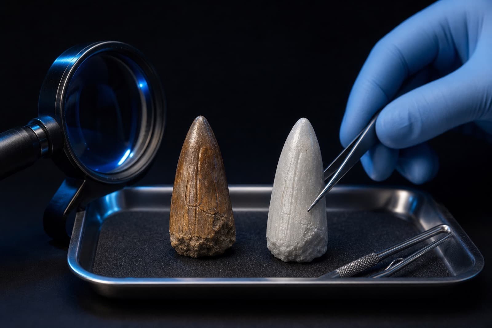 Sample photo — fossil tooth beside a cast under forensic studio lights