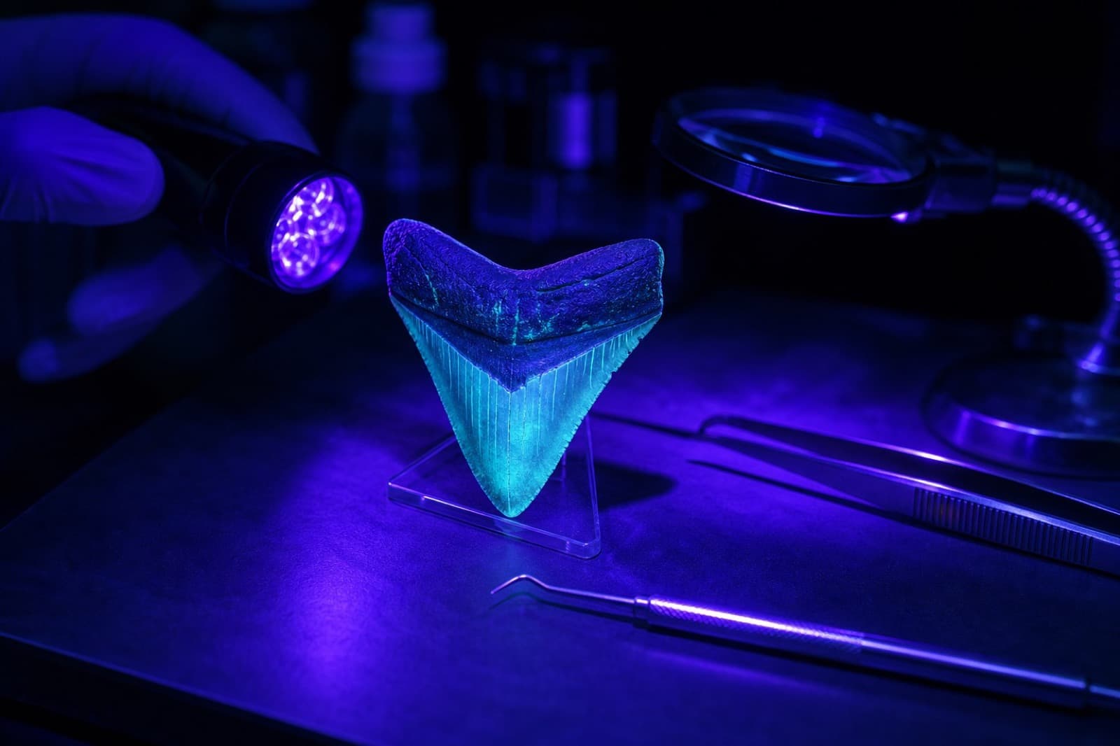 Sample photo — UV lab inspection of a fossil tooth