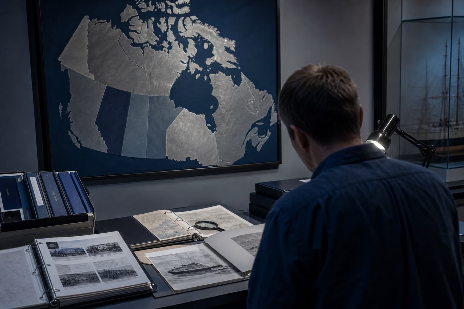 Sample image of a collector reviewing documents beside an abstract Canada map