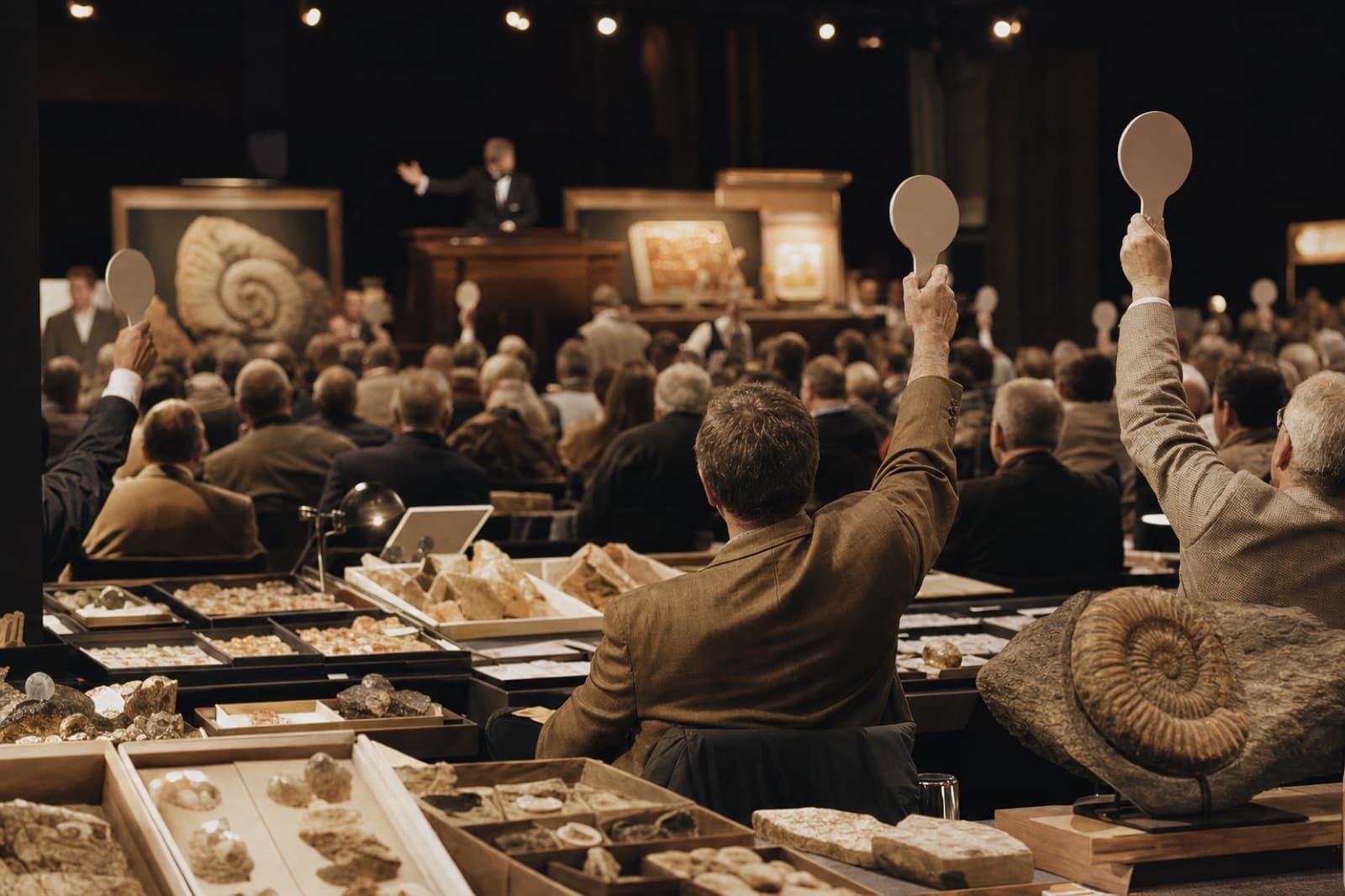 Sample auction floor with collectors raising paddles