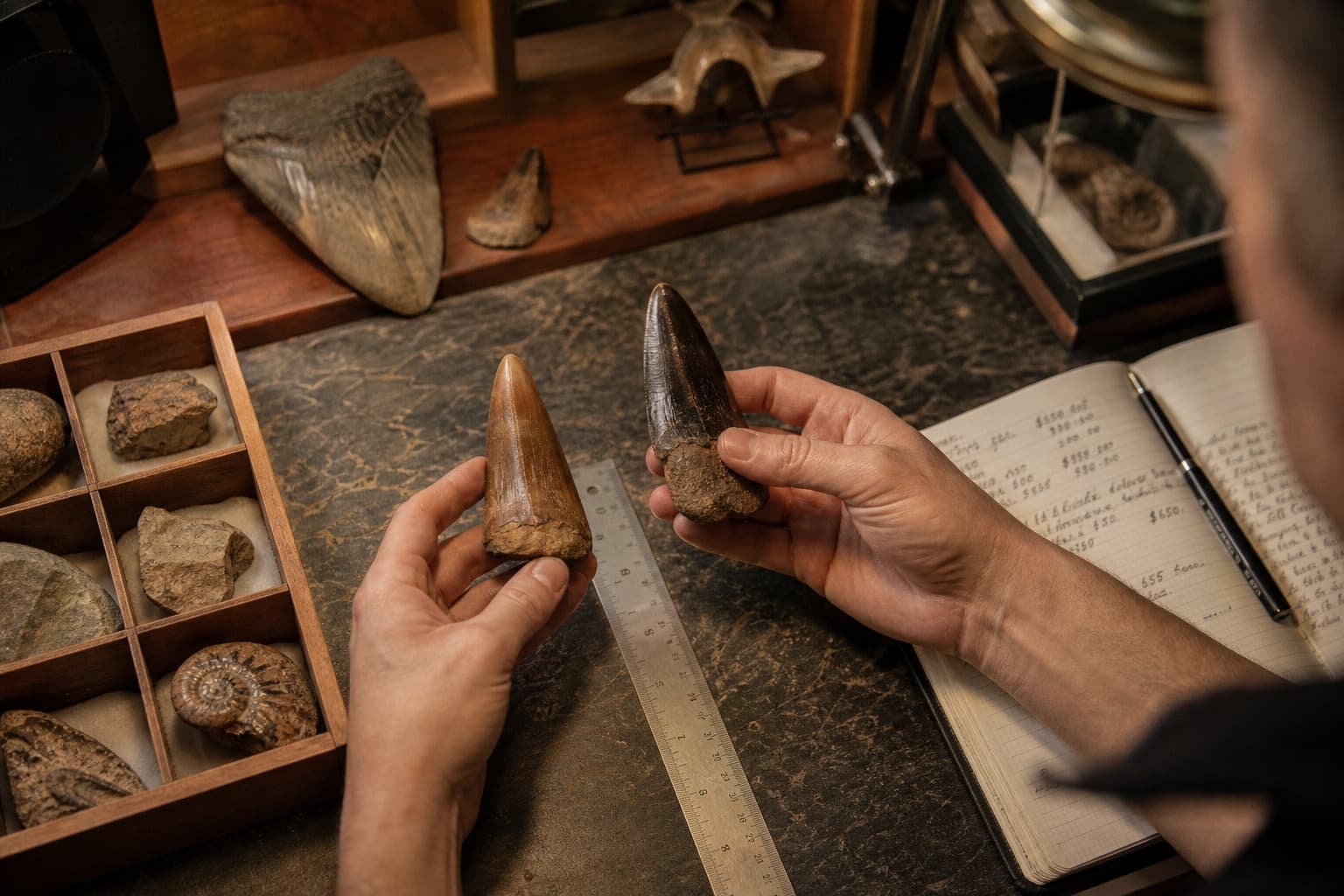 Desk scene comparing fossil teeth with notebooks for price context