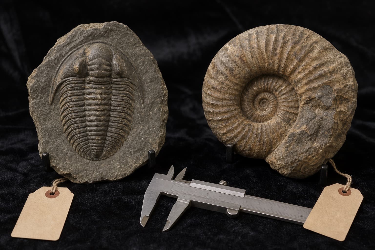 Trilobite and ammonite with calipers for size reference