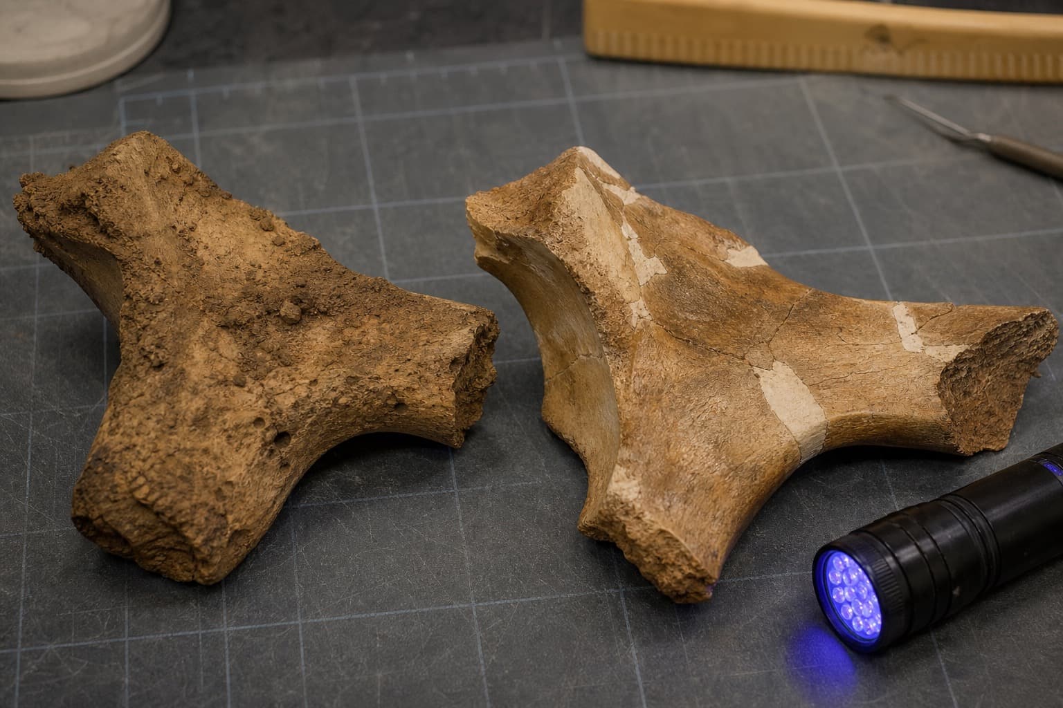 Restored vs unrestored fossil fragments on a prep mat