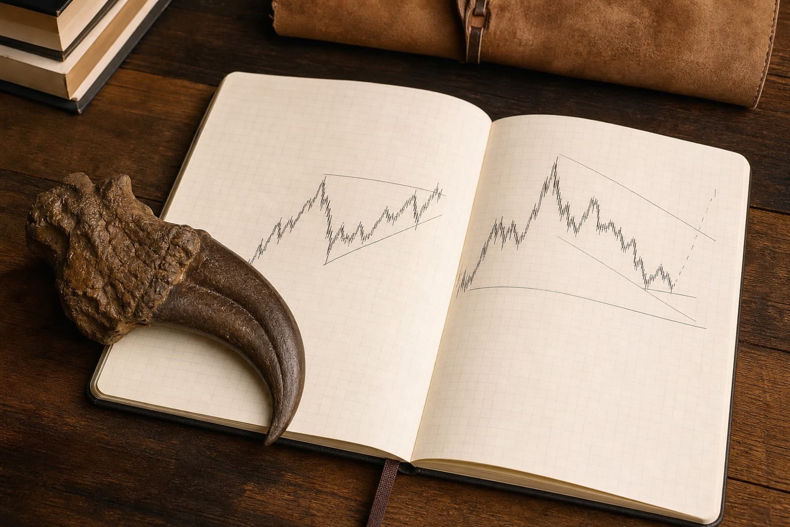Notebook with trend lines next to a fossil claw