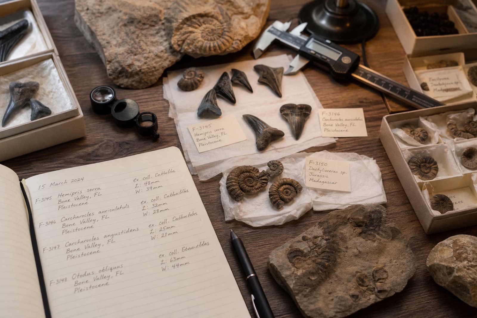 Sample photo of a fossil dealer desk with loupe, calipers, and labeled specimens