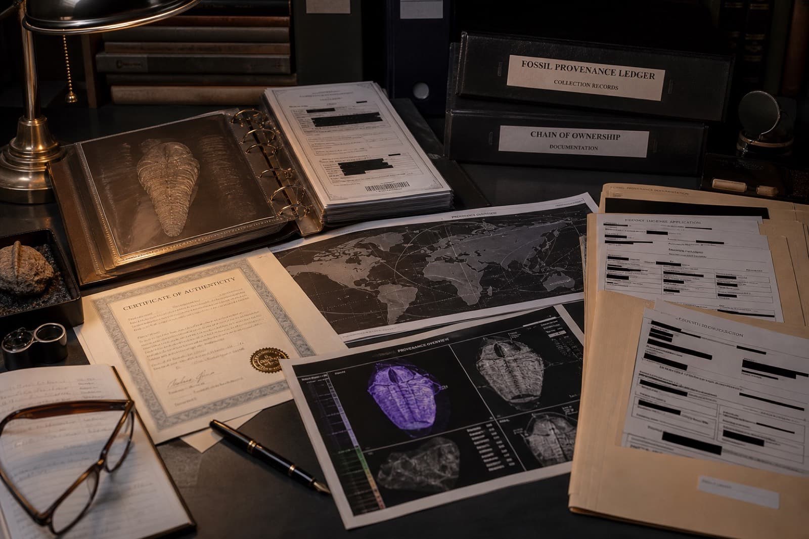 Sample photo of provenance documents and a dealer ledger on a desk