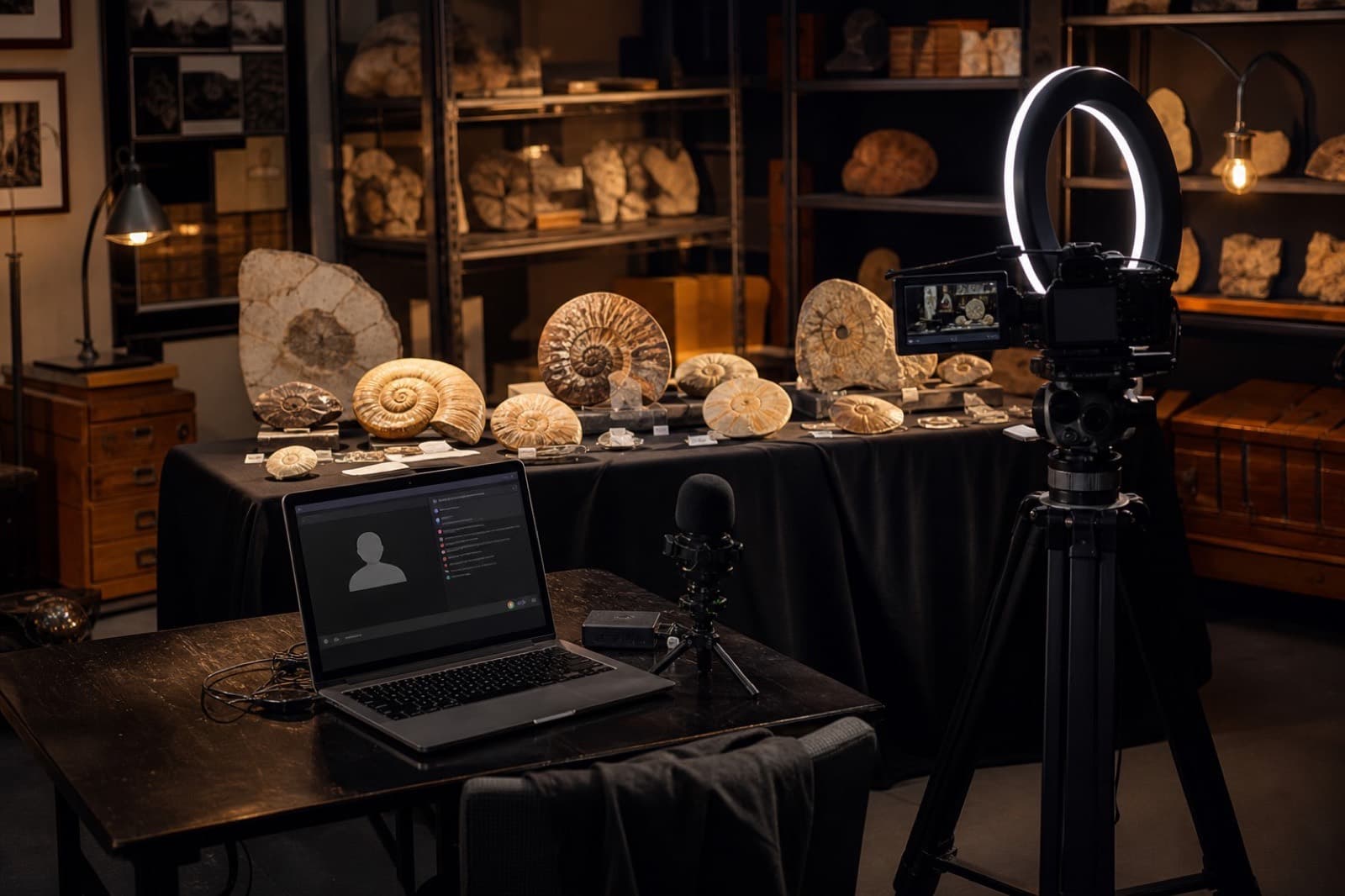 Sample photo of a live fossil show streaming setup with camera and specimens