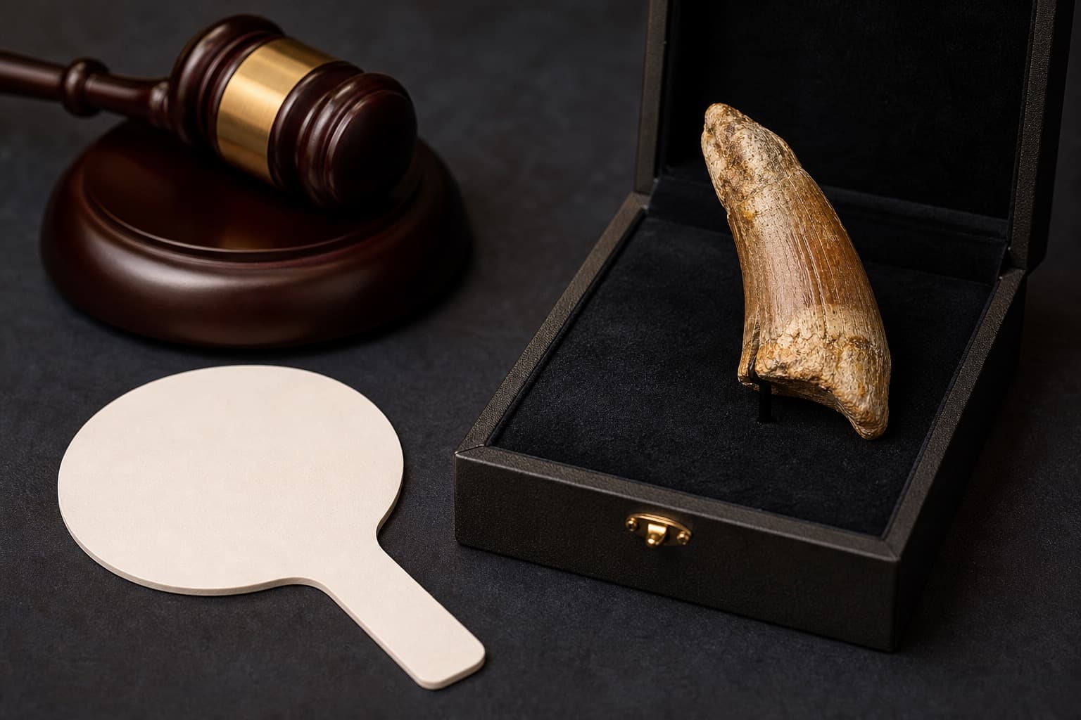 Gavel and sold paddle beside a fossil tooth