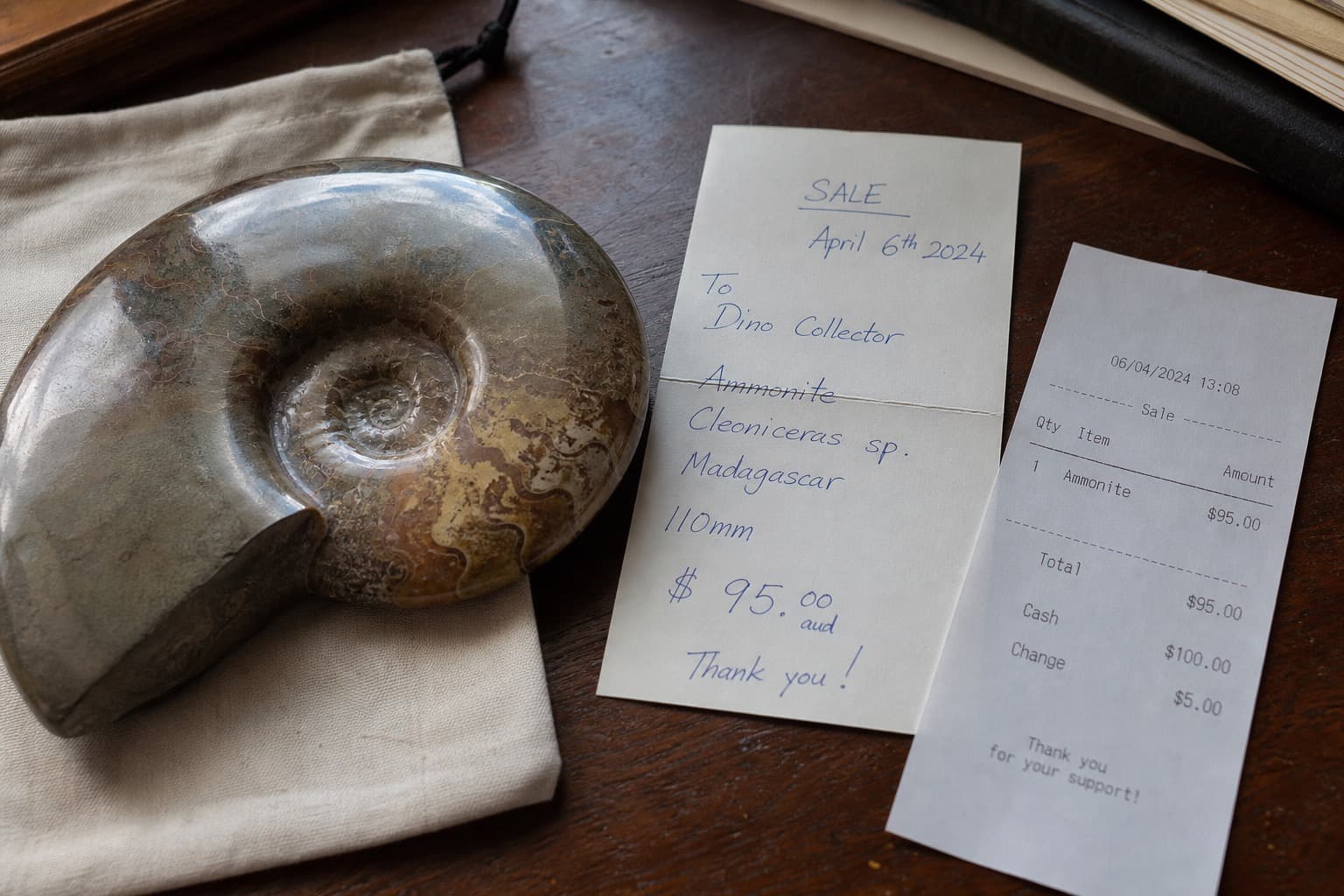 Sale note beside a polished ammonite