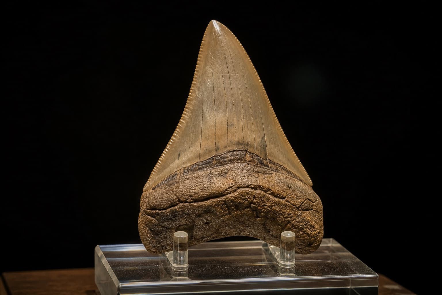 Museum-style fossil tooth on a stand