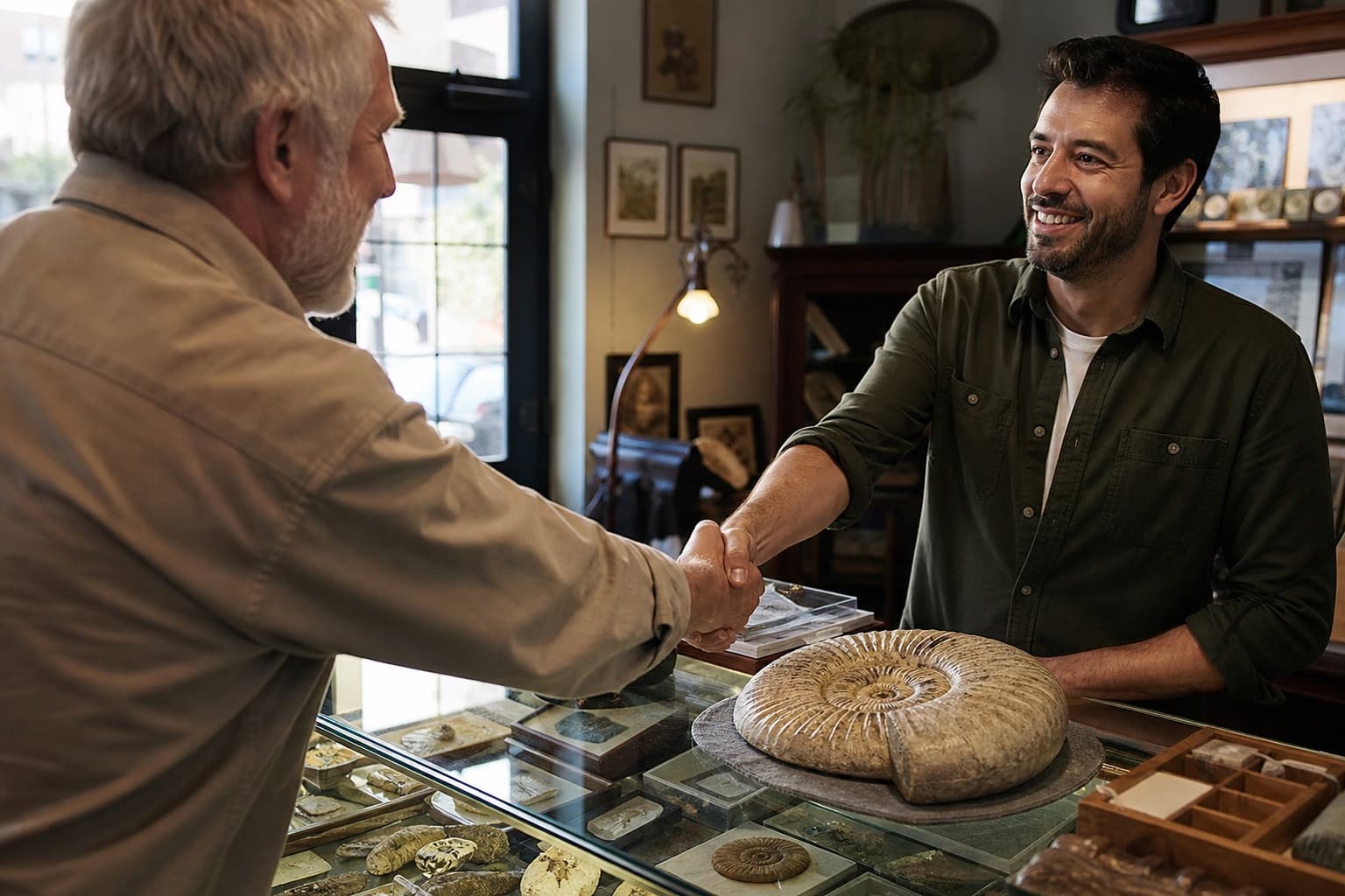 Handshake over a fossil display case after a sale