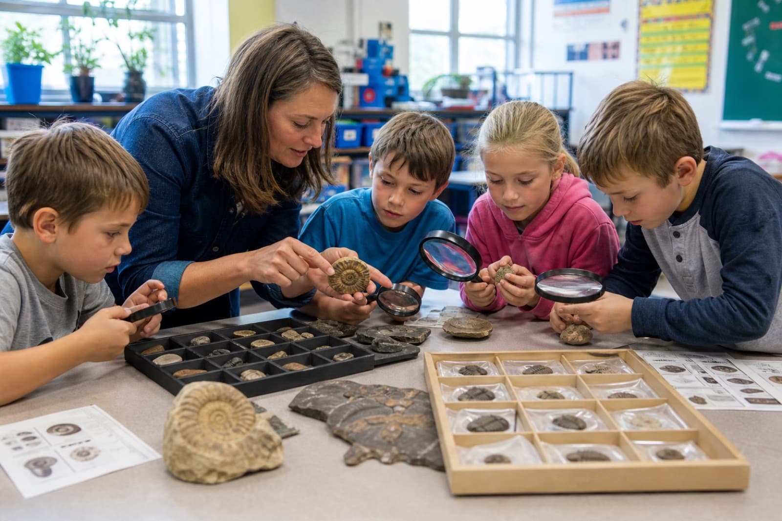 Sample photo of classroom fossil education kits on a science table