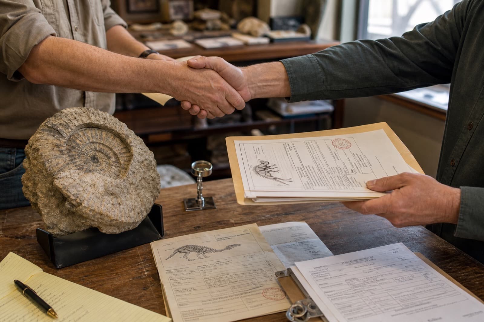 Sample photo of a document handoff over a fossil dealer desk