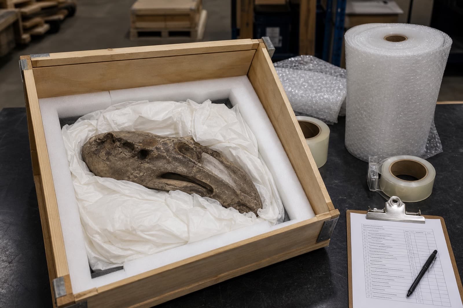 Sample photo of a fossil packed in a foam-lined shipping crate