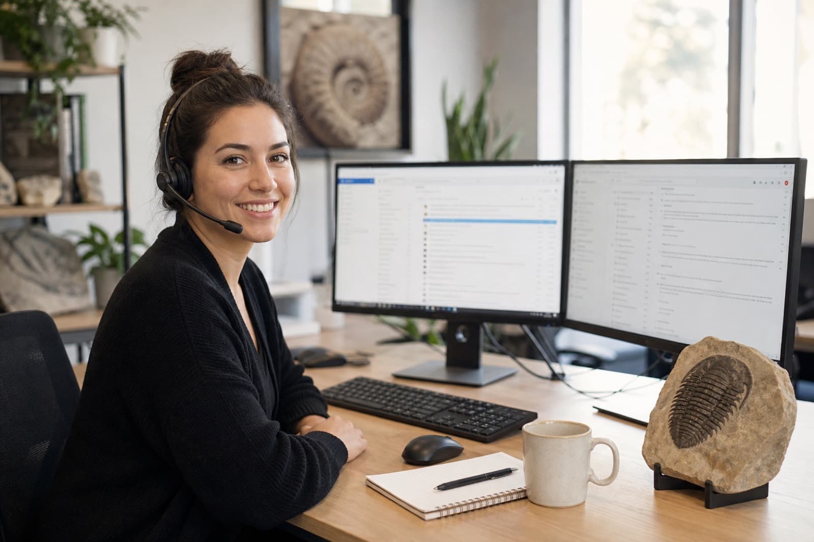 Sample photo of a calm customer support desk with monitors and headset