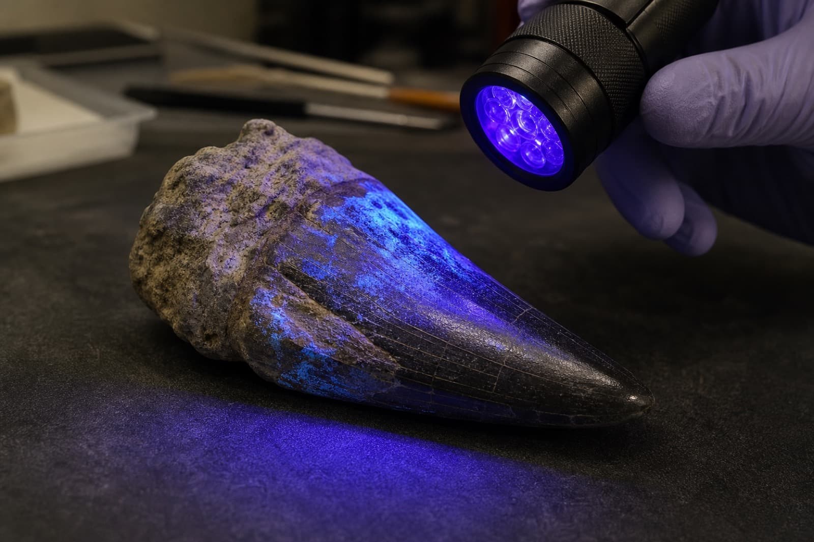 Sample photo of a fossil tooth under UV blacklight inspection