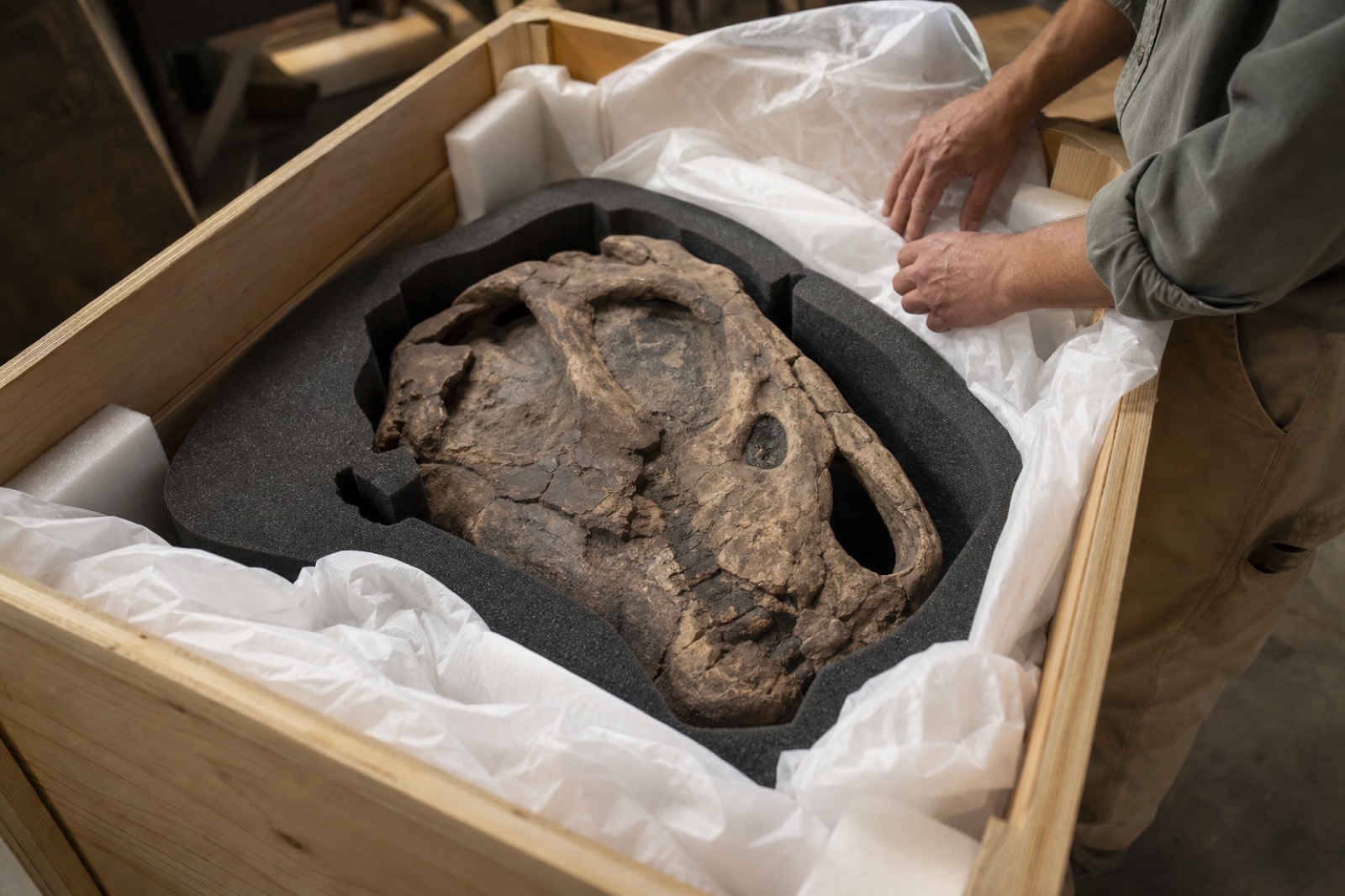 Sample fossil nestled in shipping foam
