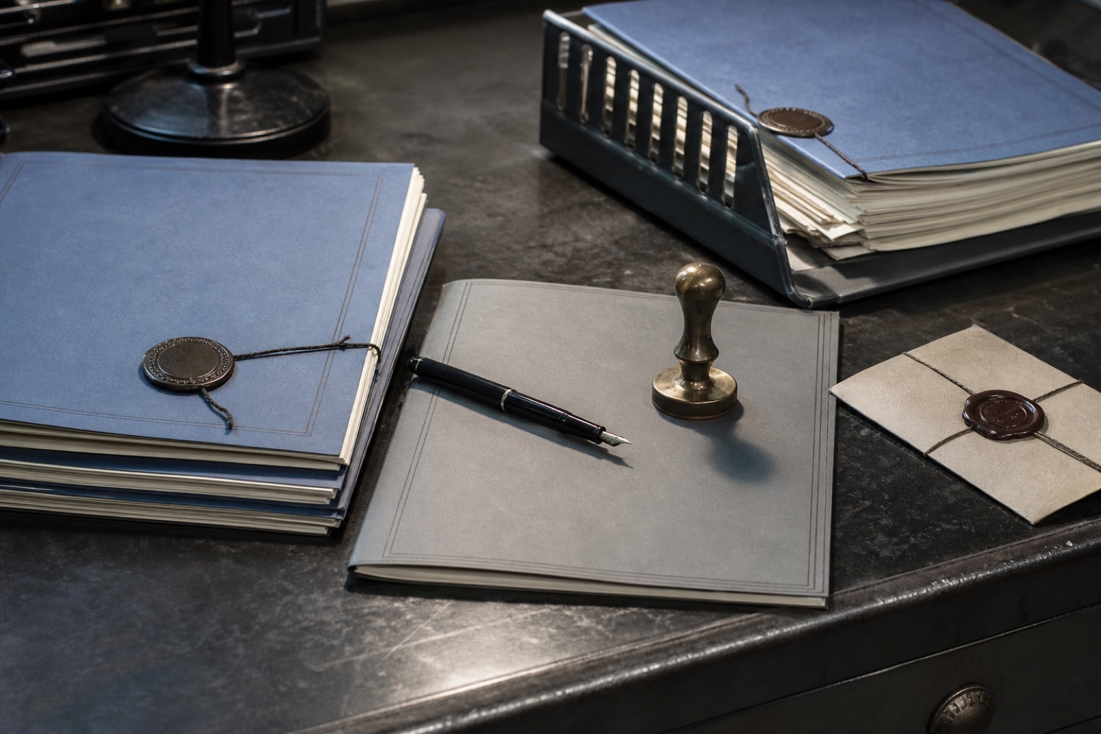 Sample image of an export permit desk with blank documents and stamp