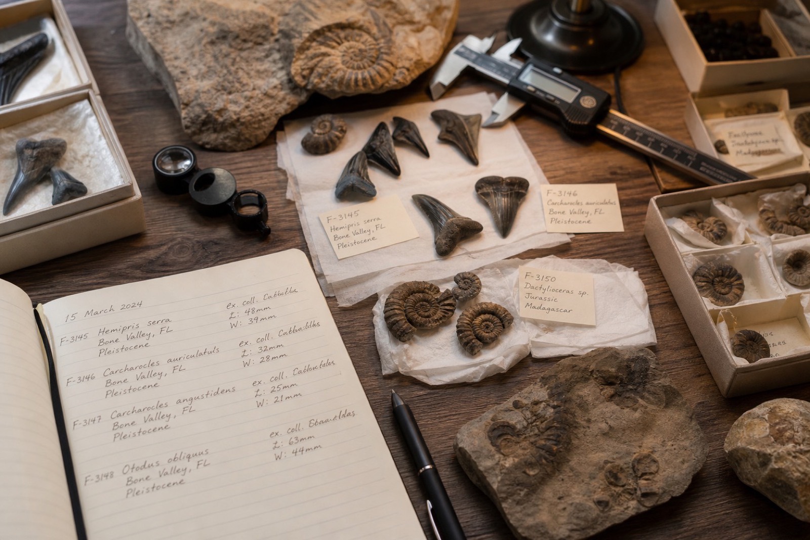 Sample photo of a fossil dealer desk with loupe, calipers, and labeled specimens