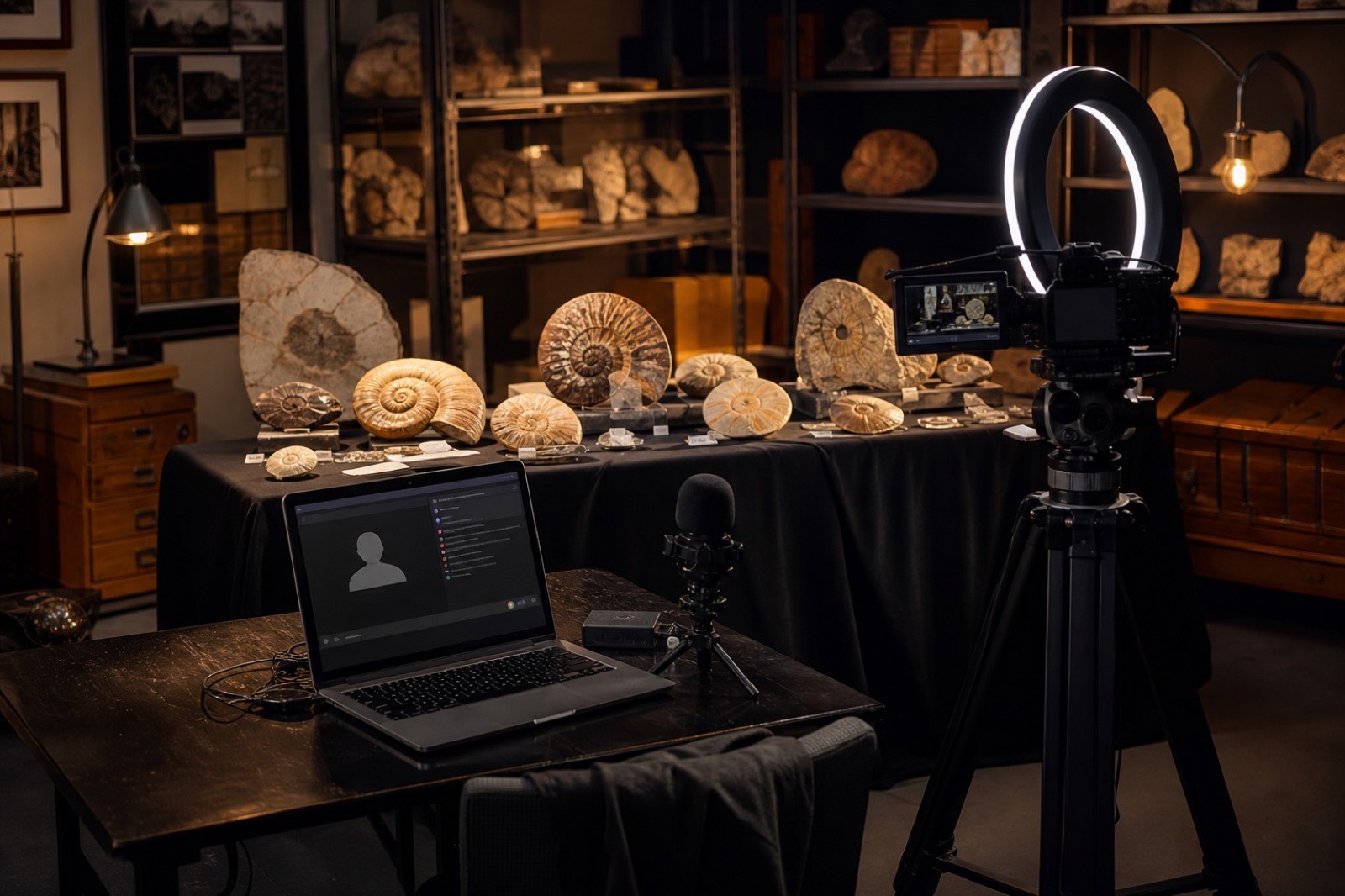Sample photo of a live fossil show streaming setup with camera and specimens