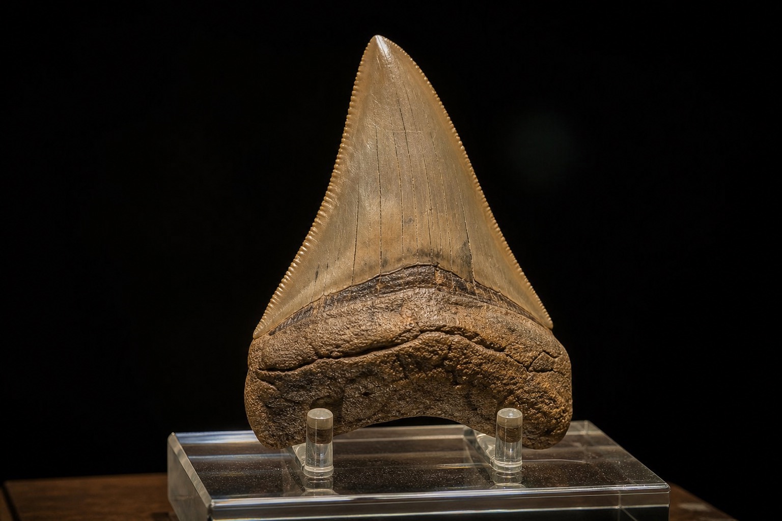 Museum-style fossil tooth on a stand